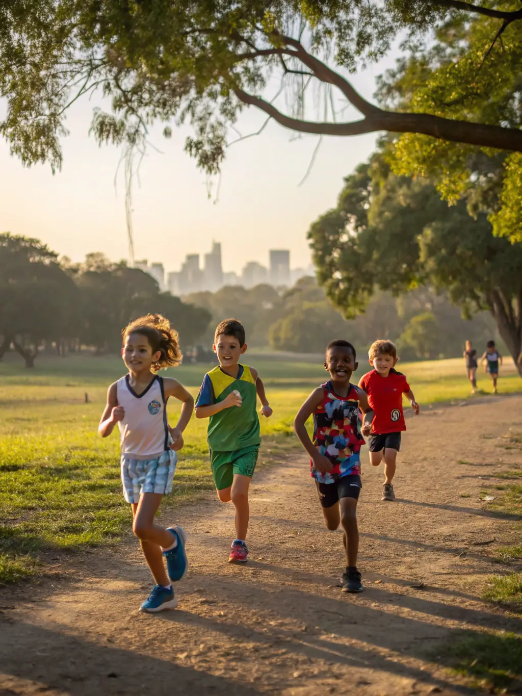 A group of children participating in an athletics training session on a sunny track, showcasing the youth athletics program offered by Vigilante Omnisports Mayet.