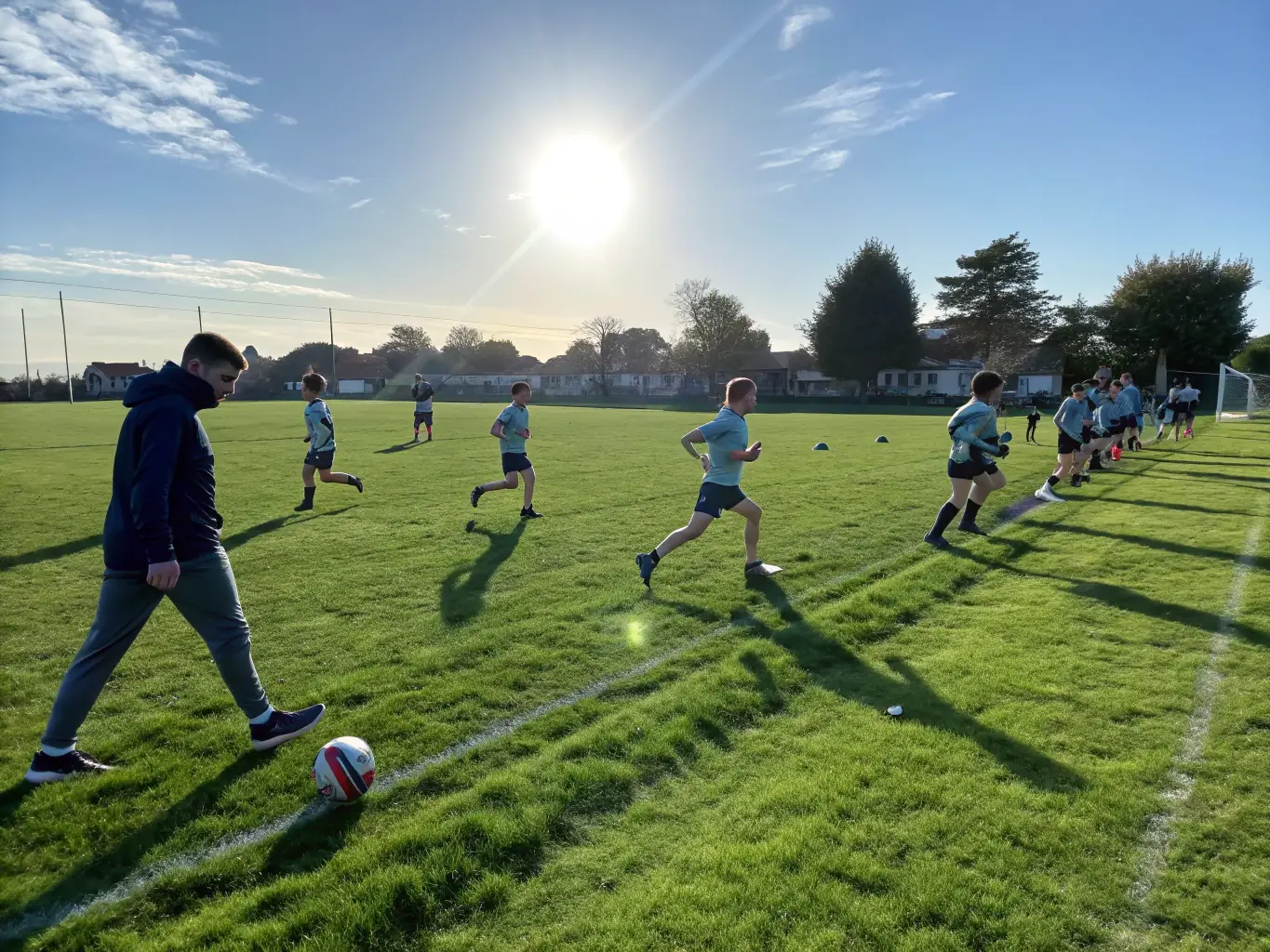 A dynamic image of young athletes participating in the Youth Sports Training Program, focusing on skill development and teamwork.