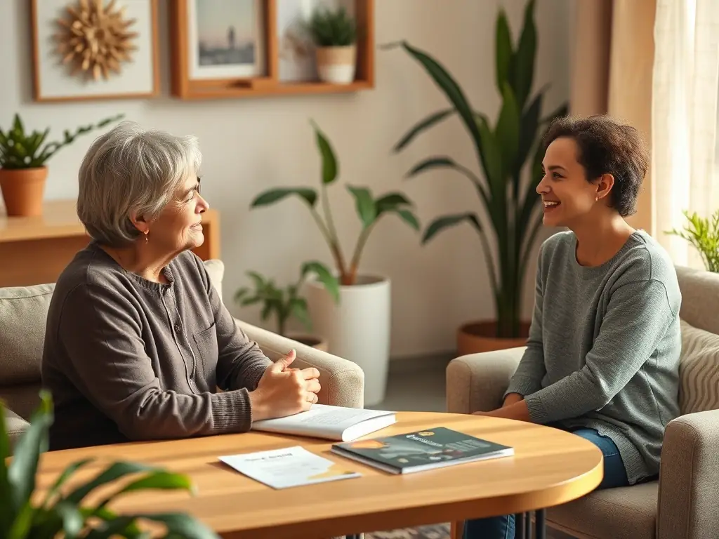A supportive image of an adult receiving guidance from a CASP counselor, set in a comfortable and private office. The focus is on the counselor's empathetic expression and the adult's attentive posture, conveying trust and personalized care.