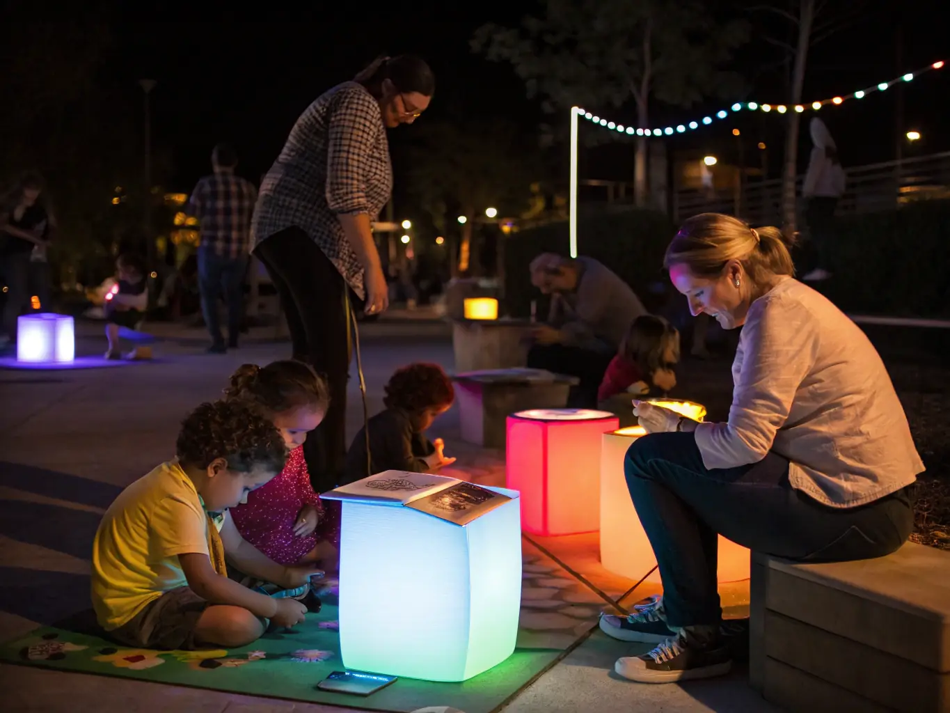 A warm and inviting image of a family participating in a CASP-organized community event, with children and parents smiling and engaged in a creative activity. The setting is a brightly lit community center, symbolizing support and togetherness.